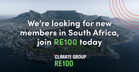 Card read: We're looking for new members in South Africa, join RE100 today